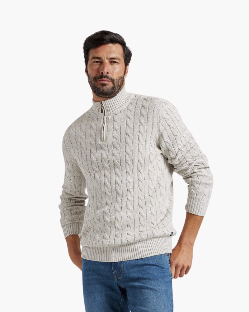 Aura d’Or Classic Cable Knit Zip Sweater – Premium Knitwear