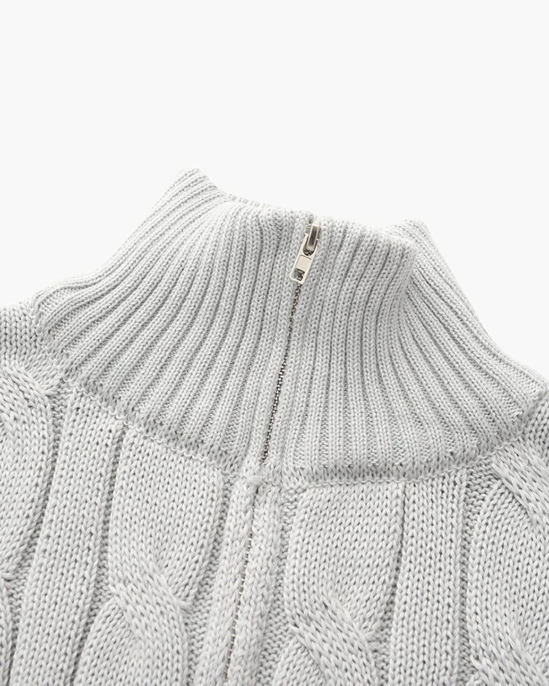 Aura d’Or Classic Cable Knit Zip Sweater – Premium Knitwear